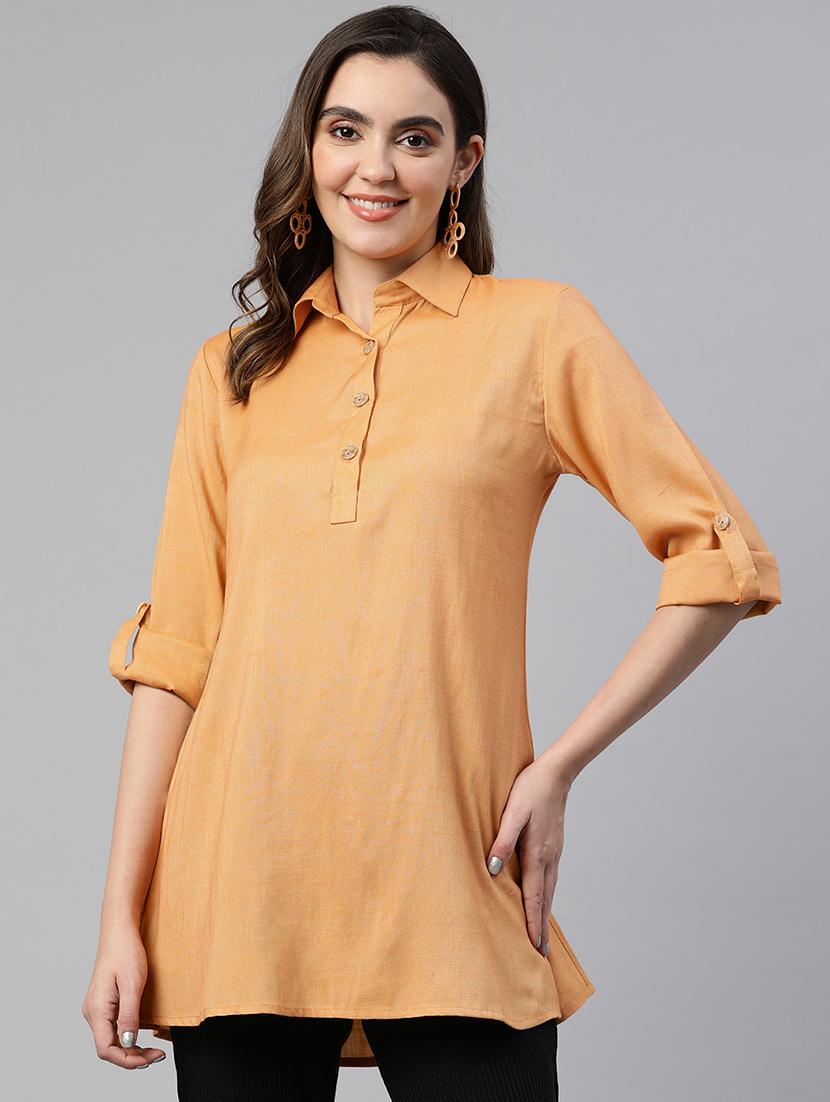 women orange solid roll up sleeve straight kurti - 19784861 - Zoom Image - 0