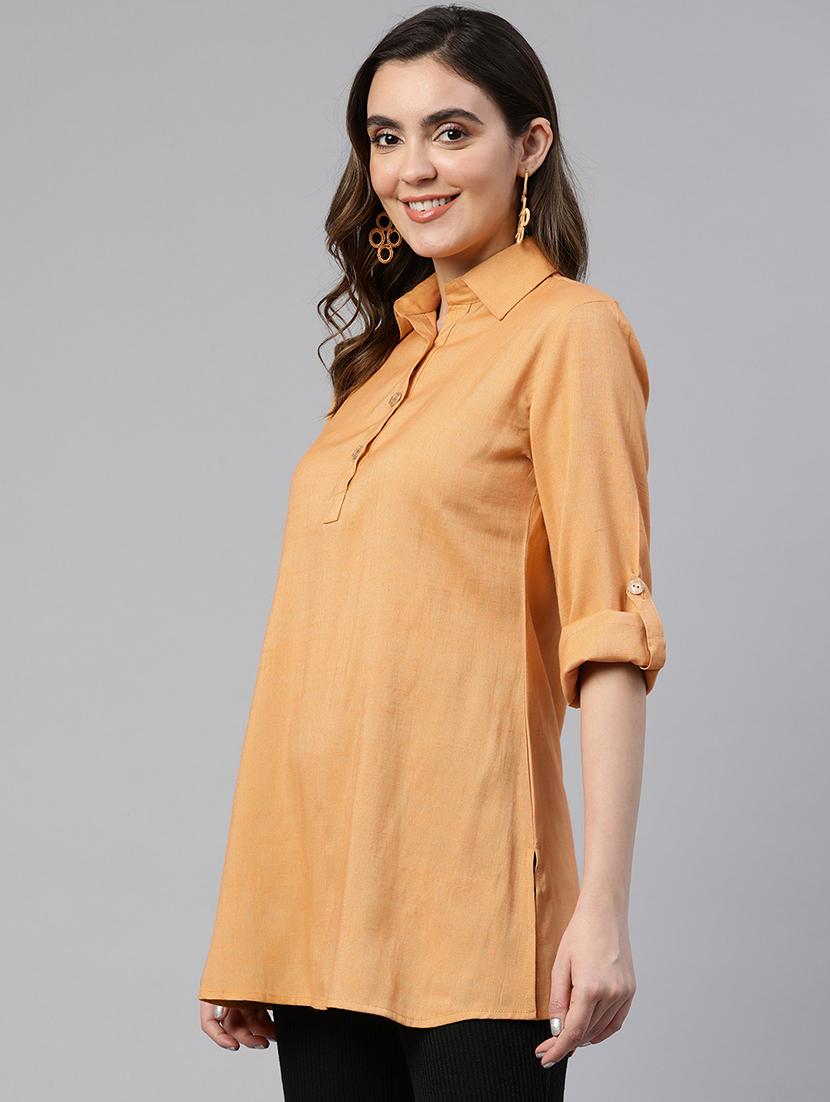 women orange solid  roll up sleeve straight kurti - 19784861 -  Standard Image - 1