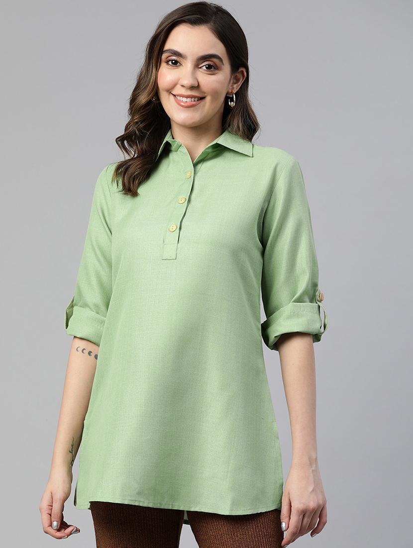 women green solid roll up sleeve kurti - 19784863 - Zoom Image - 0