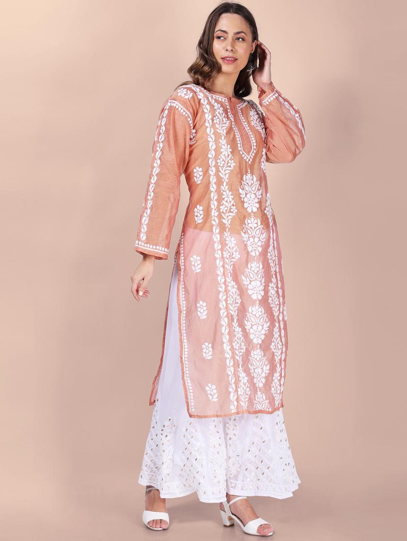 peach embroidered straight kurta - 19785308 -  Standard Image - 1