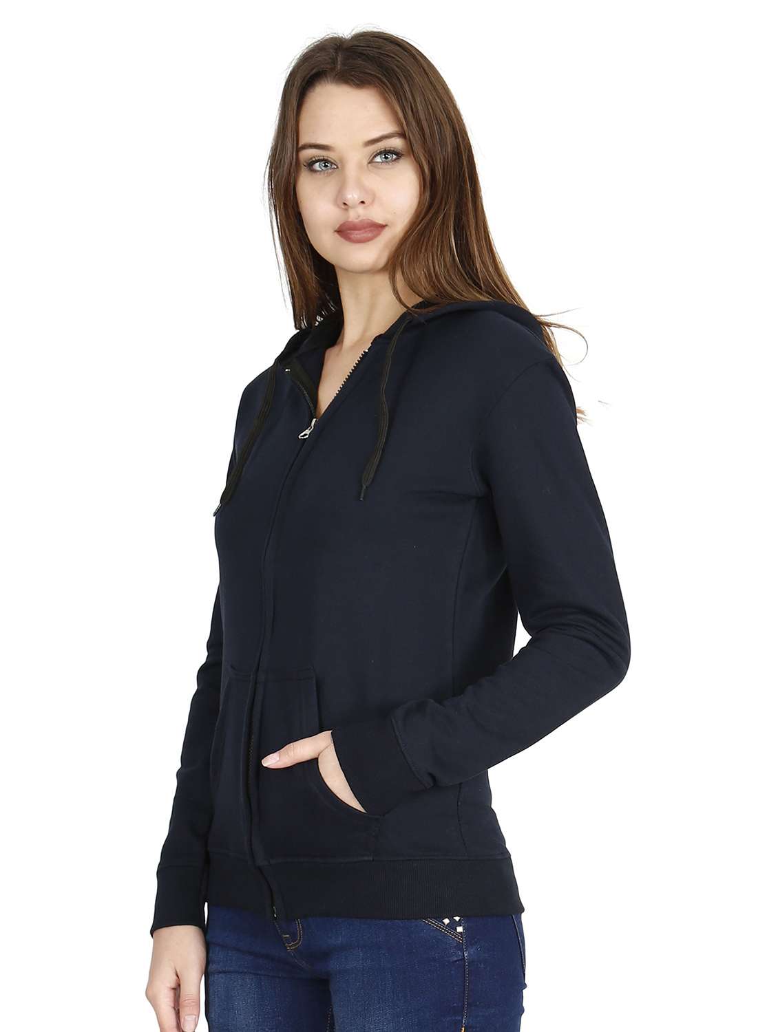 navy blue solid hooded neck zipper sweatshirt - 19785480 -  Standard Image - 1