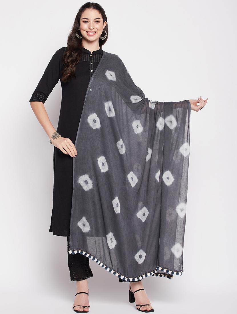 grey tie & dye dupatta with fringe border  - 19795965 -  Zoom Image - 0