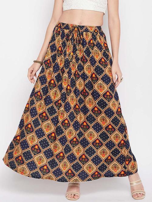 navy blue printed flared long skirt - 19796161 -  Standard Image - 0