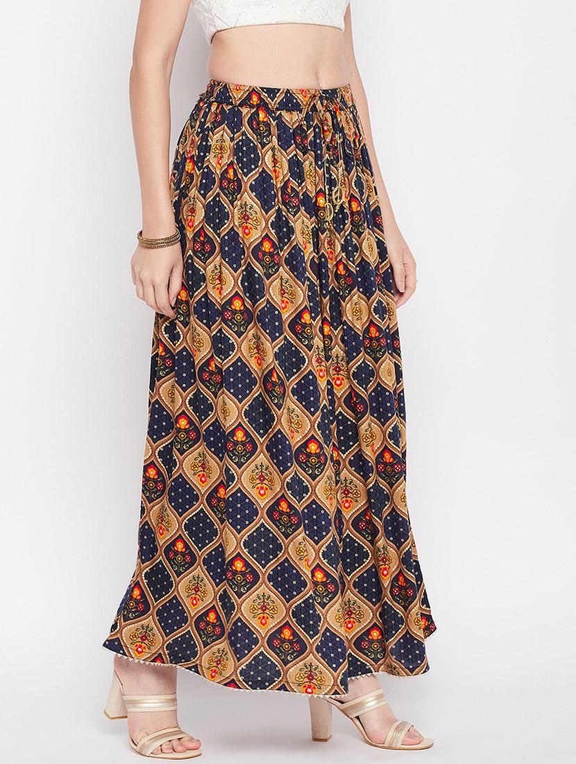 navy blue printed flared long skirt - 19796161 -  Standard Image - 1