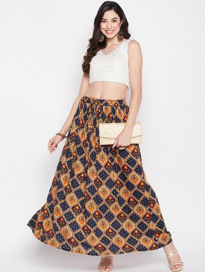navy blue printed flared long skirt - 19796161 - Standard Image - 4