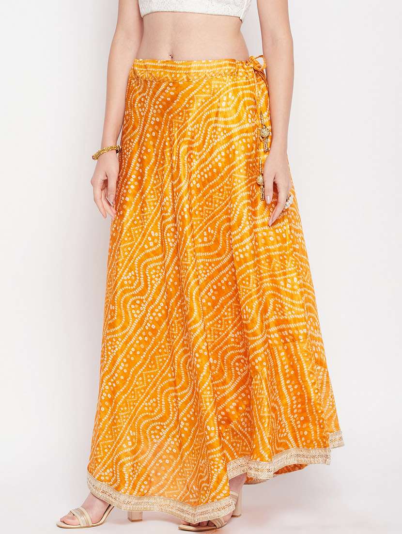 mustard printed flared long skirt