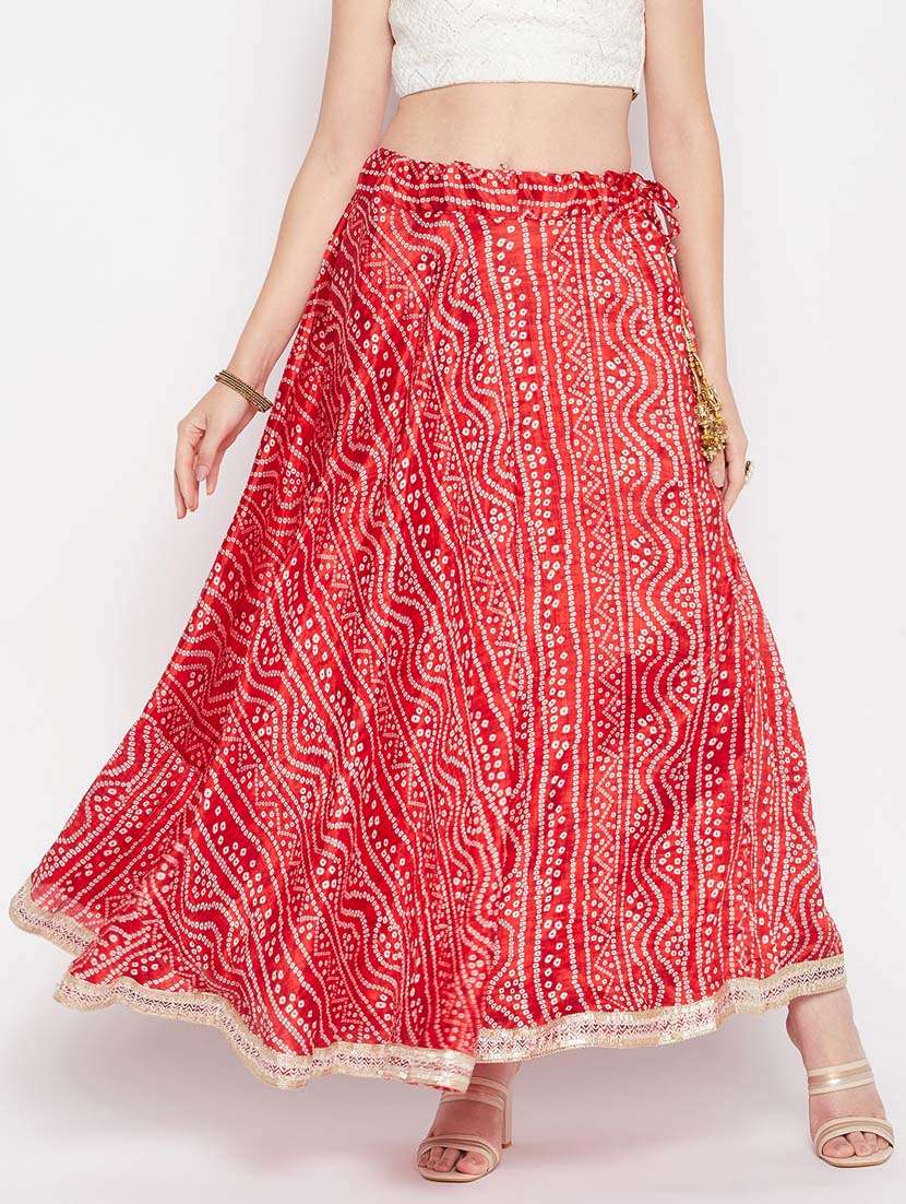 red printed flared long skirt