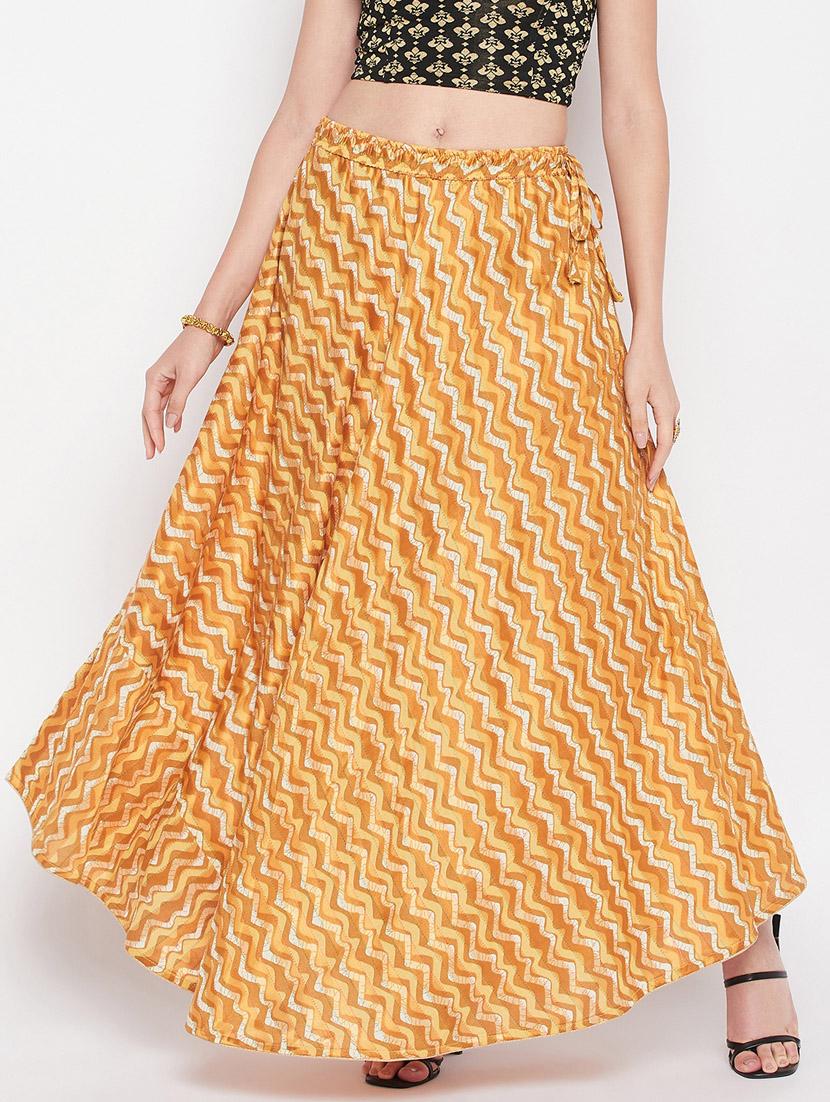 mustard printed flared long skirt - 19796176 -  Zoom Image - 0