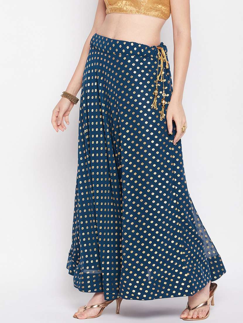 blue printed flared long skirt
