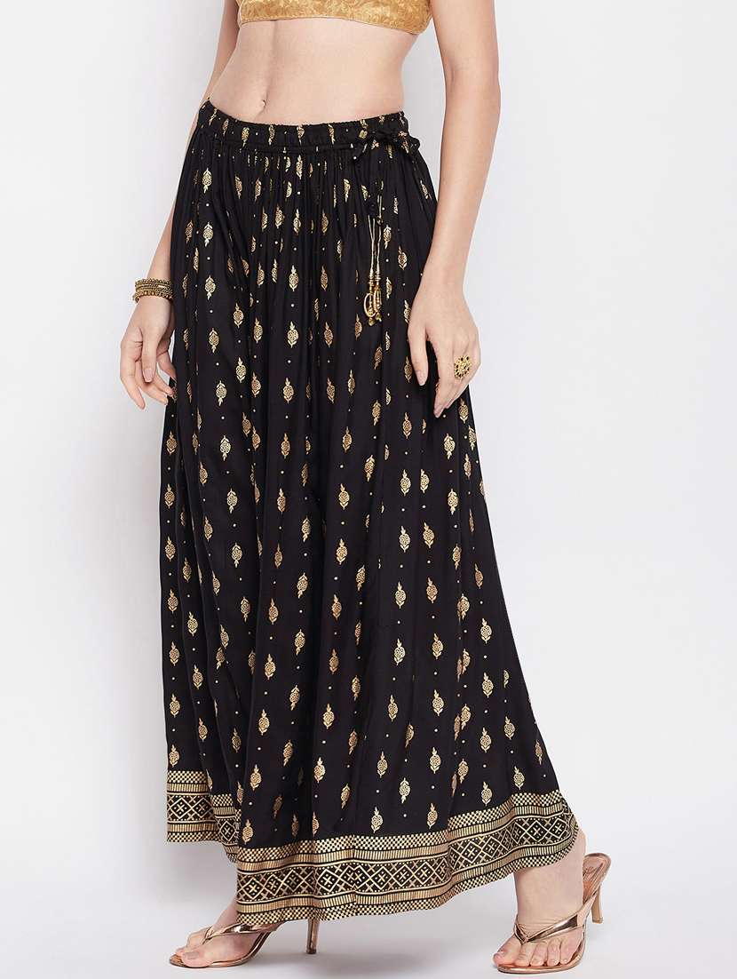 black printed flared long skirt