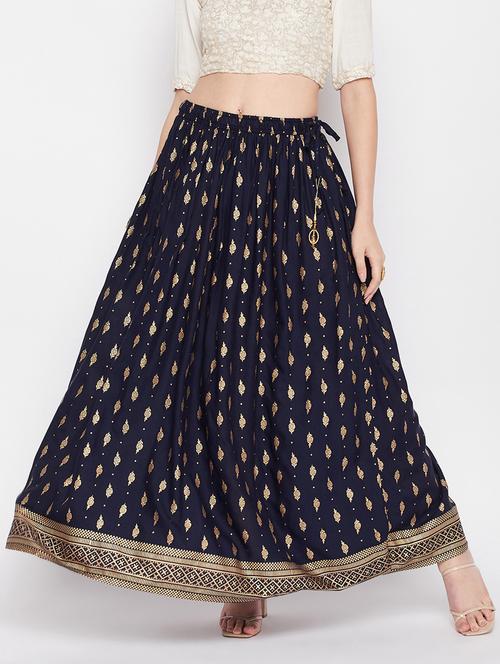 navy blue printed flared long skirt - 19796190 -  Standard Image - 0