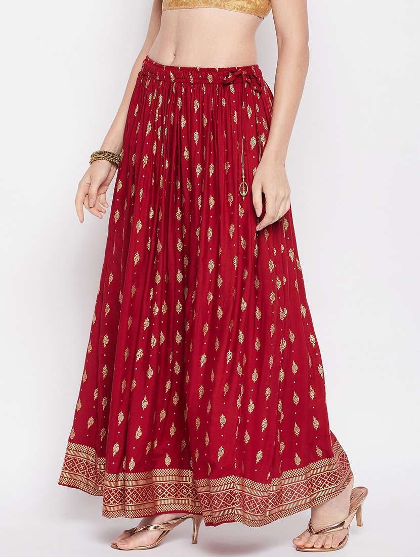 maroon printed flared long skirt