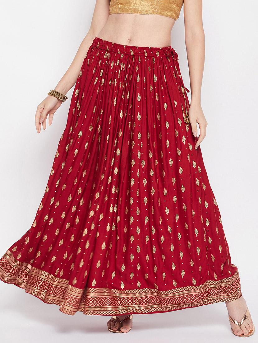 maroon printed flared long skirt - 19796191 - Standard Image - 1