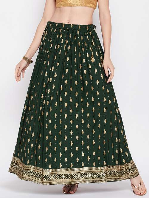 green printed flared long skirt - 19796192 -  Standard Image - 0