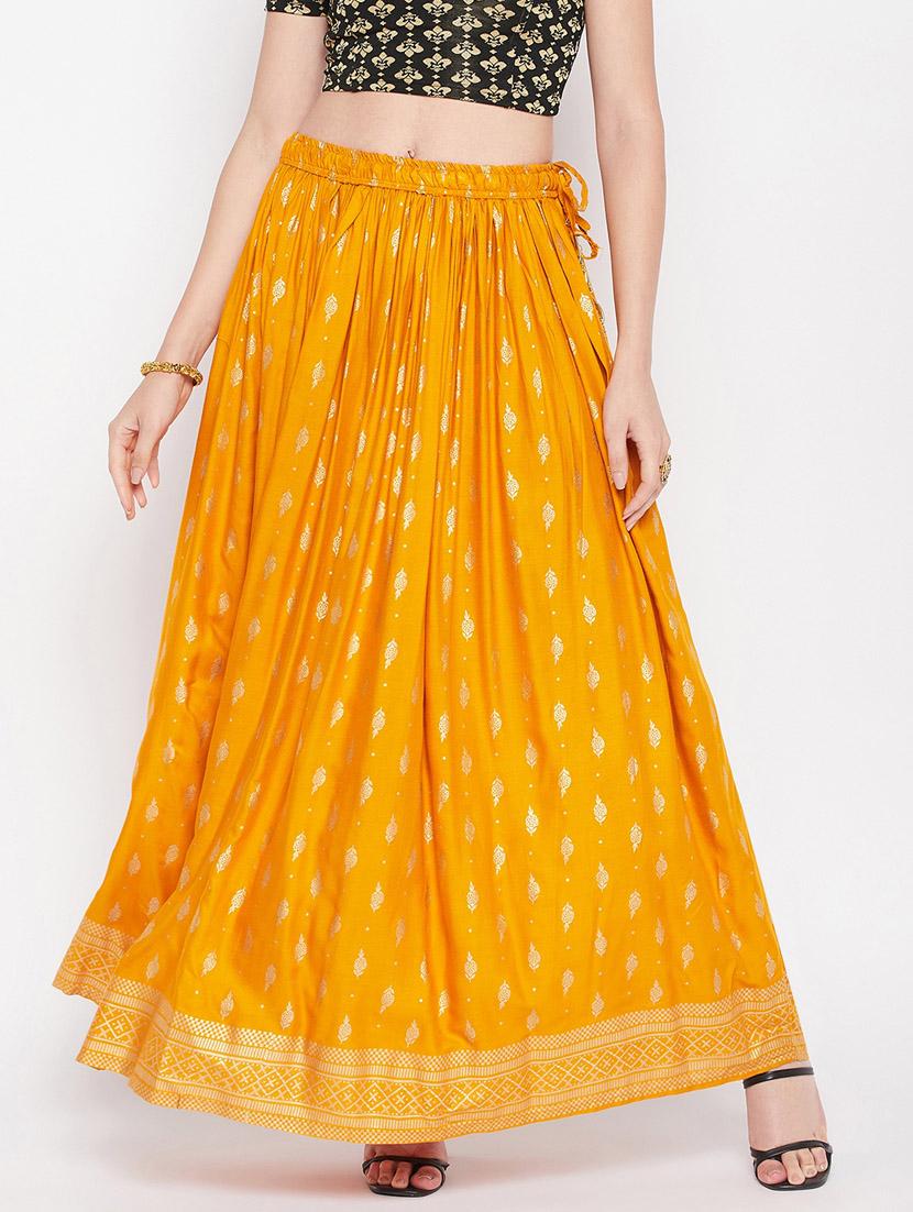 mustard printed flared long skirt - 19796193 - Zoom Image - 0