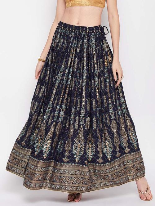navy blue printed flared long skirt - 19796194 -  Standard Image - 0