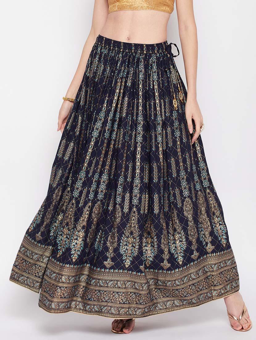 navy blue printed flared long skirt - 19796194 -  Zoom Image - 0