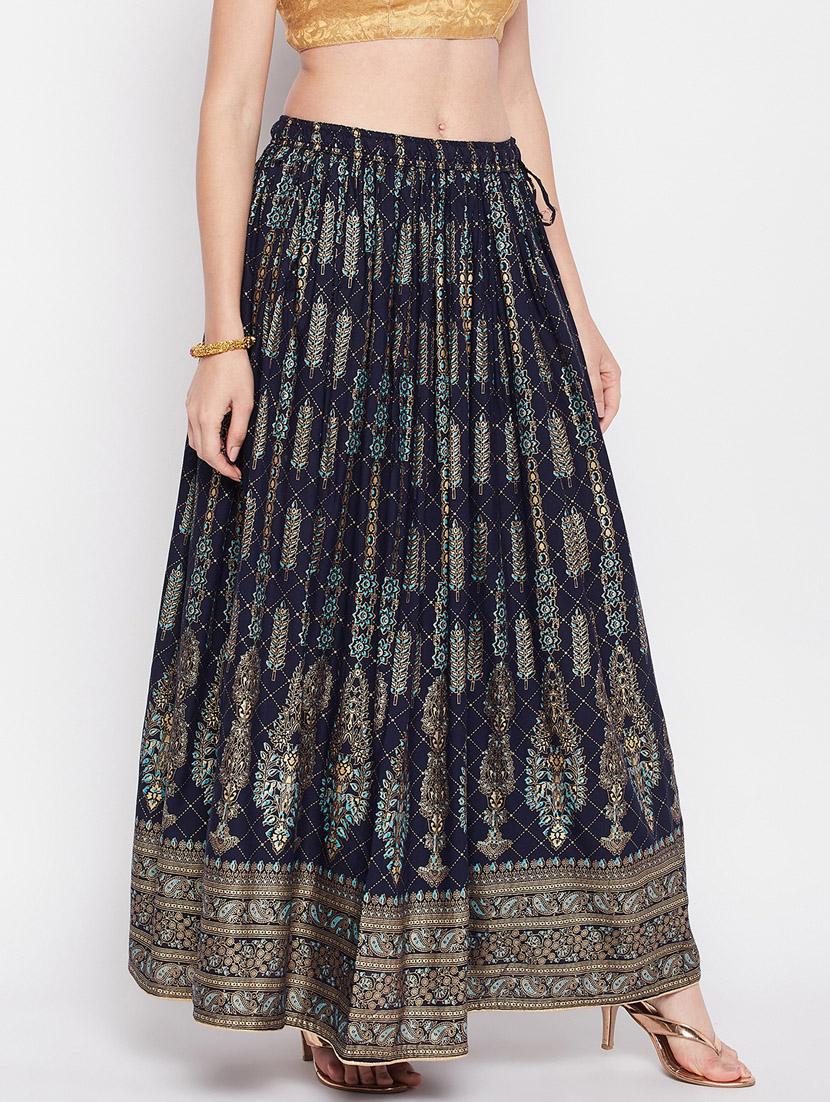 navy blue printed flared long skirt - 19796194 -  Standard Image - 1