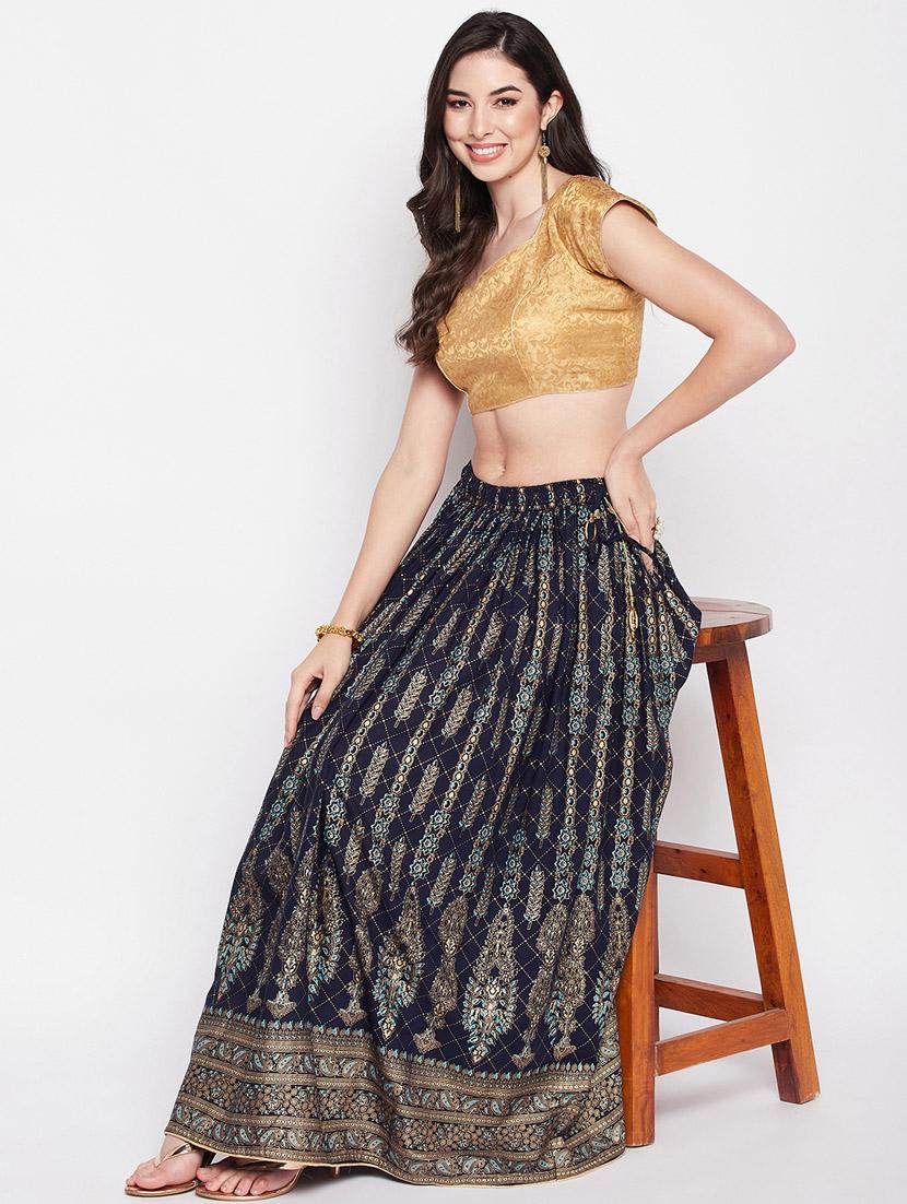 navy blue printed flared long skirt - 19796194 - Standard Image - 4