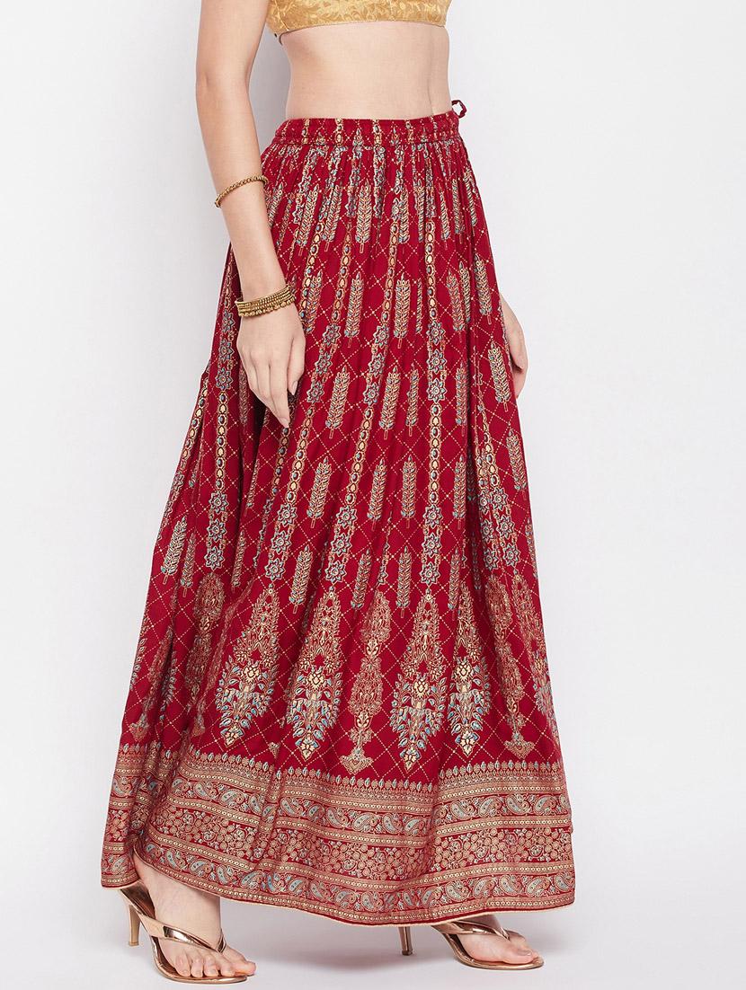 maroon printed flared long skirt - 19796195 - Standard Image - 1
