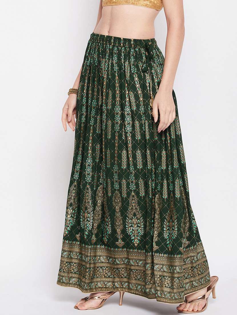 green printed flared long skirt