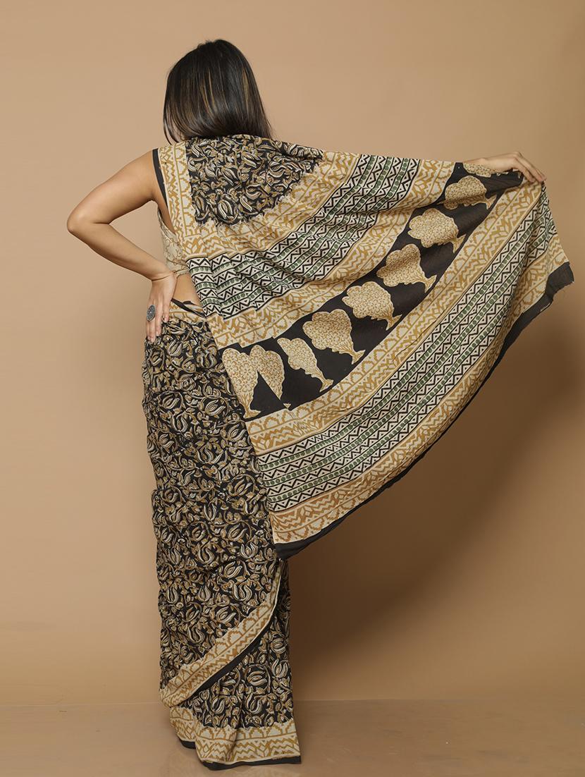 black printed saree with blouse - 19796678 - Standard Image - 1