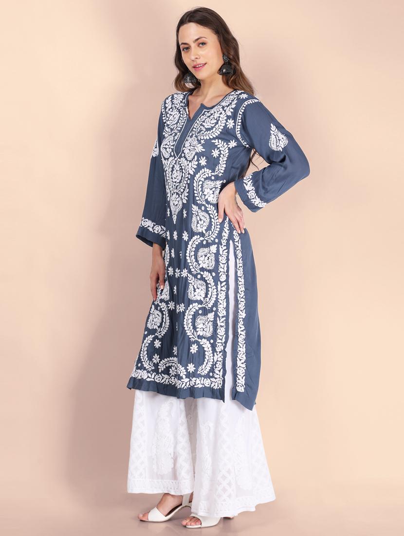 hand embroidered chikankari straight kurta - 19807776 -  Standard Image - 1