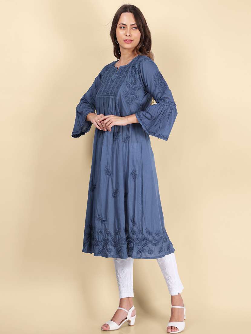 notch neck embroidered flared kurta - 19807818 -  Standard Image - 1