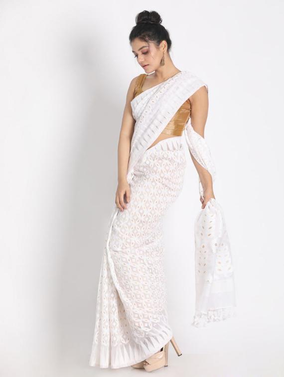 women's self design white colored saree with blouse - 19810655 - Standard Image - 1