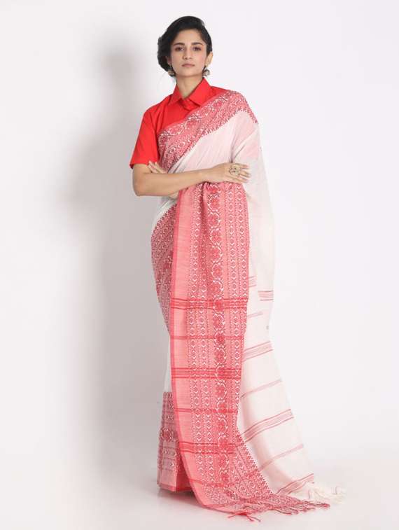 women's self design white colored saree with blouse