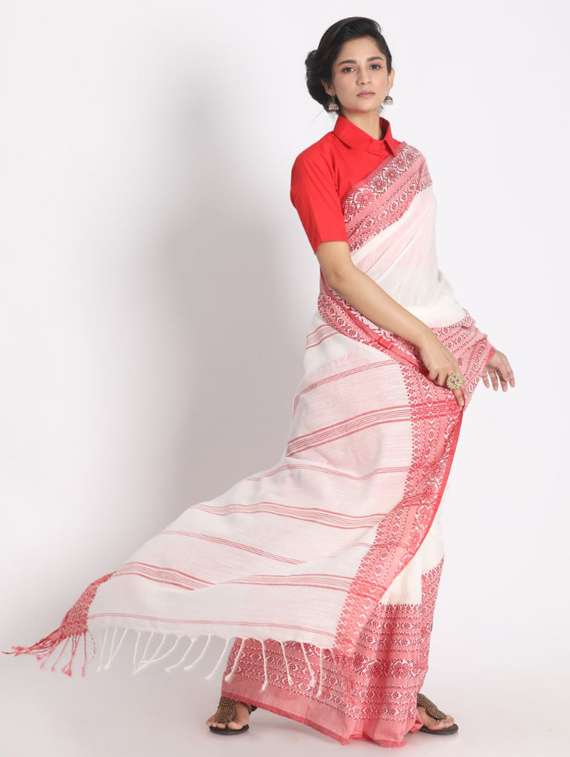 women's self design white colored saree with blouse - 19810744 -  Standard Image - 1