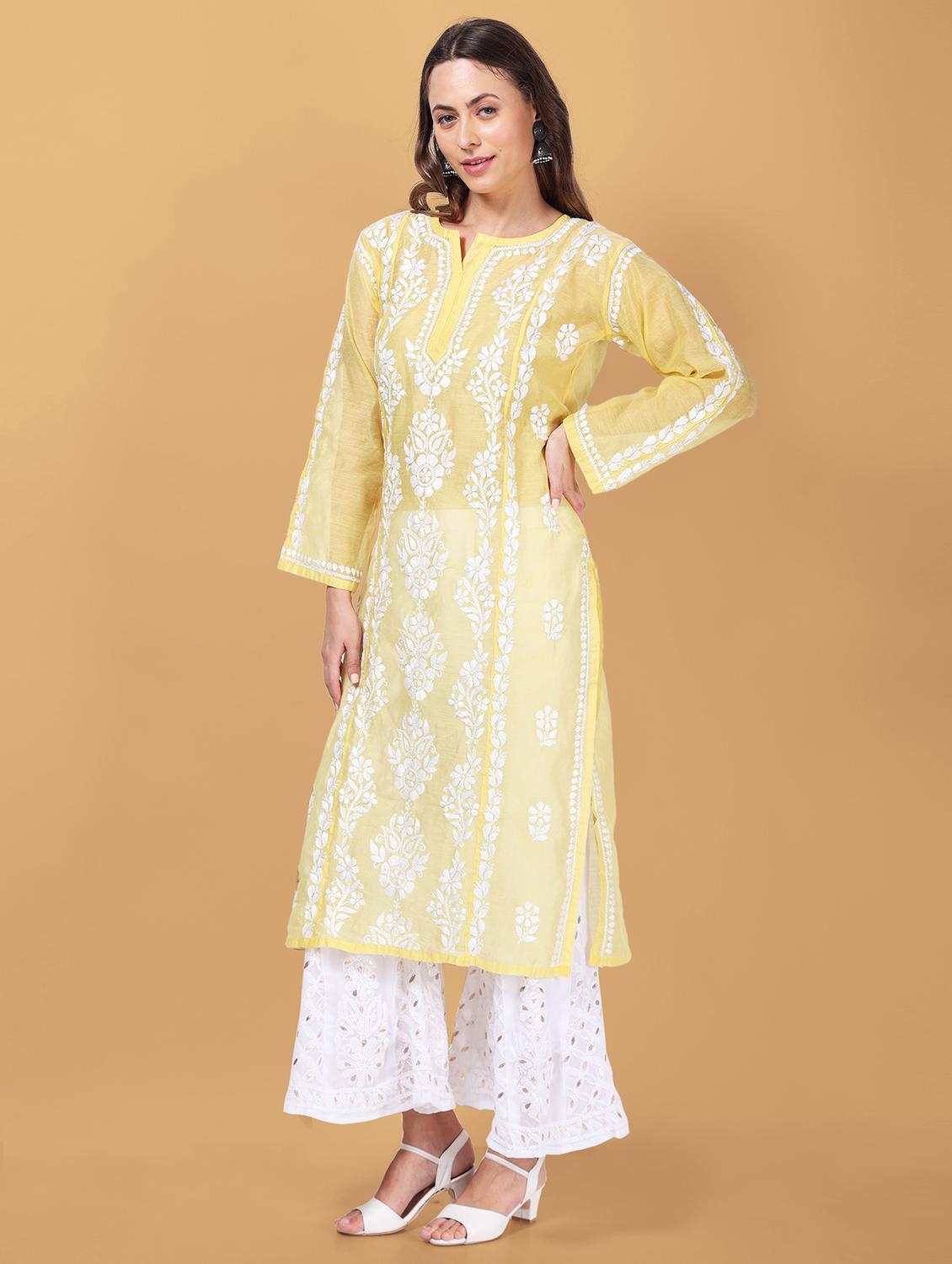 yellow chikankari straight kurta - 19814806 -  Standard Image - 1