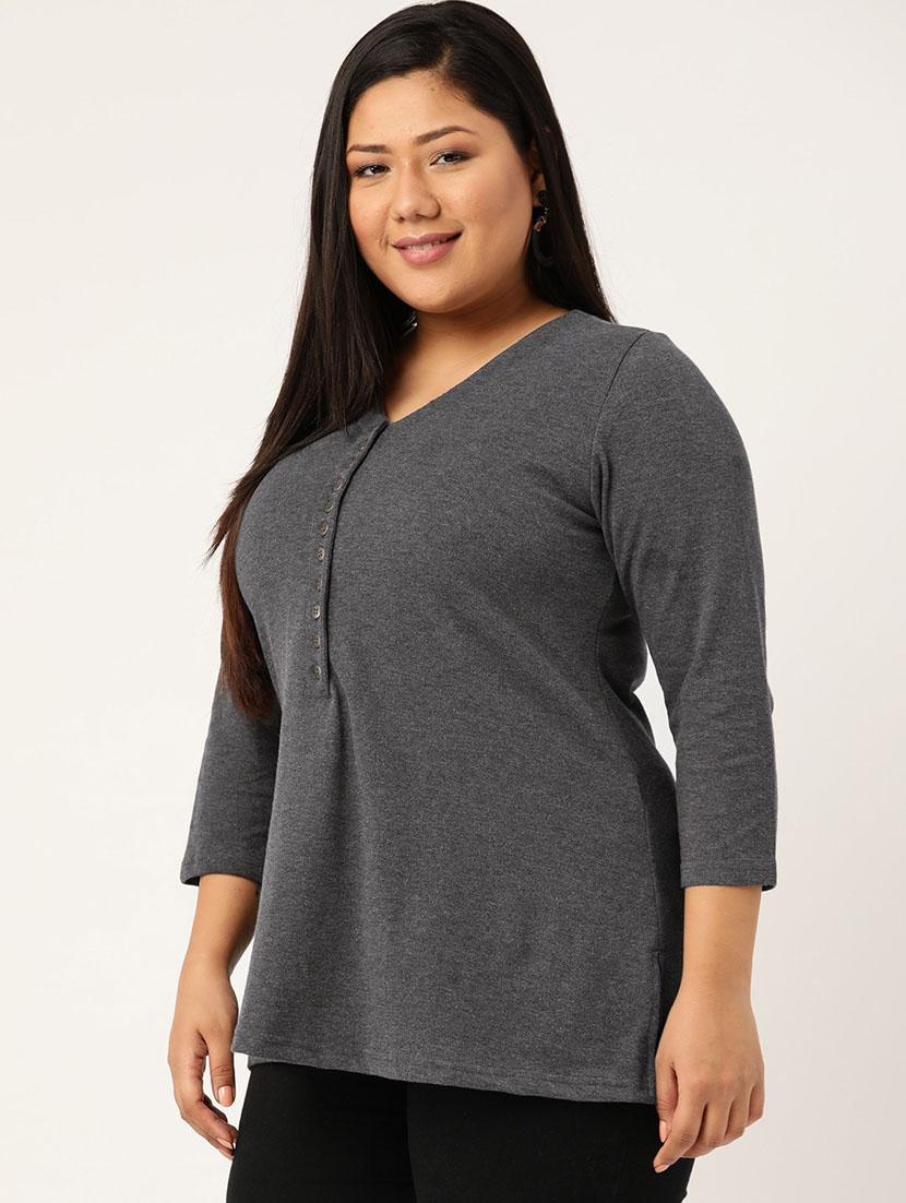 grey solid knitted t-shirt with 3/4th sleeves - 19814868 - Standard Image - 1