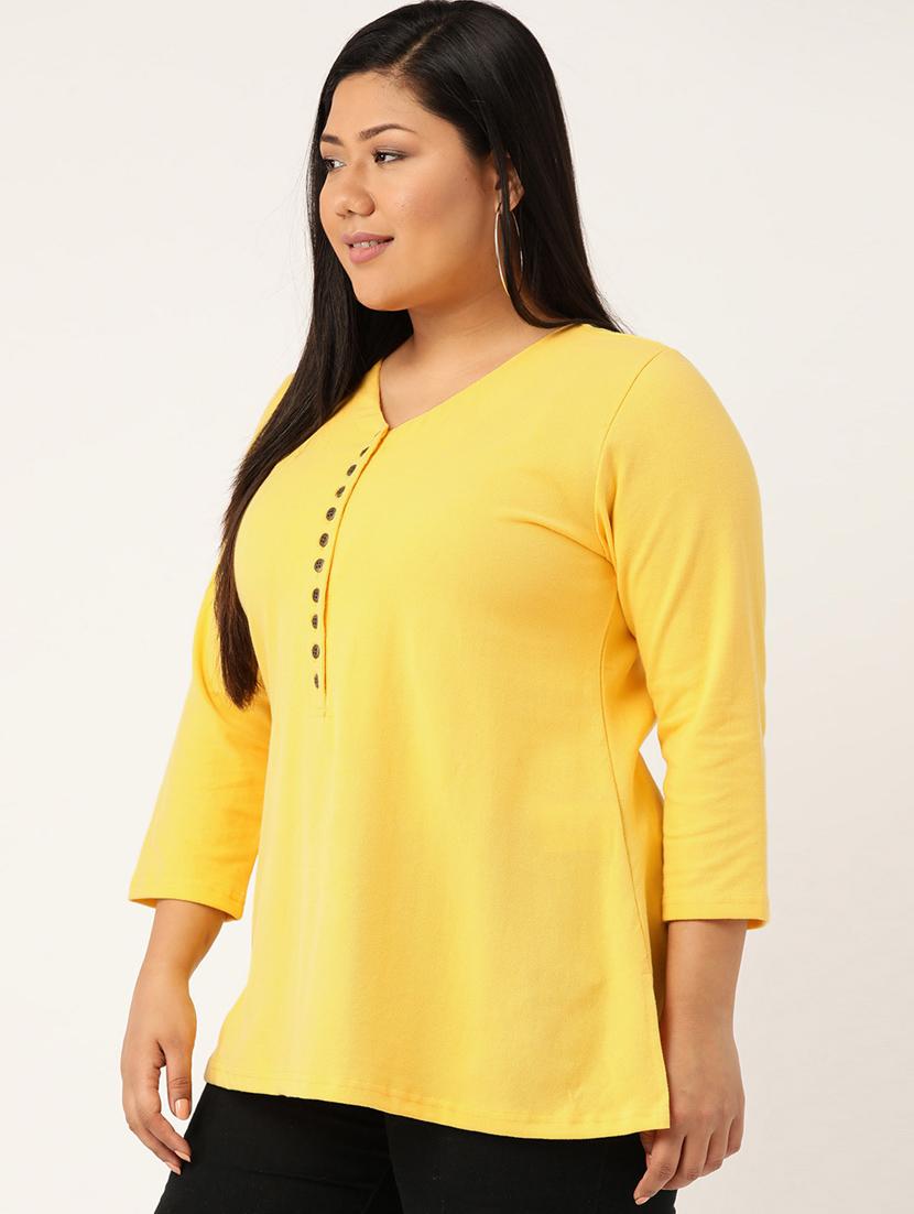 yellow solid knitted t-shirt with 3/4th sleeves - 19814871 - Standard Image - 1