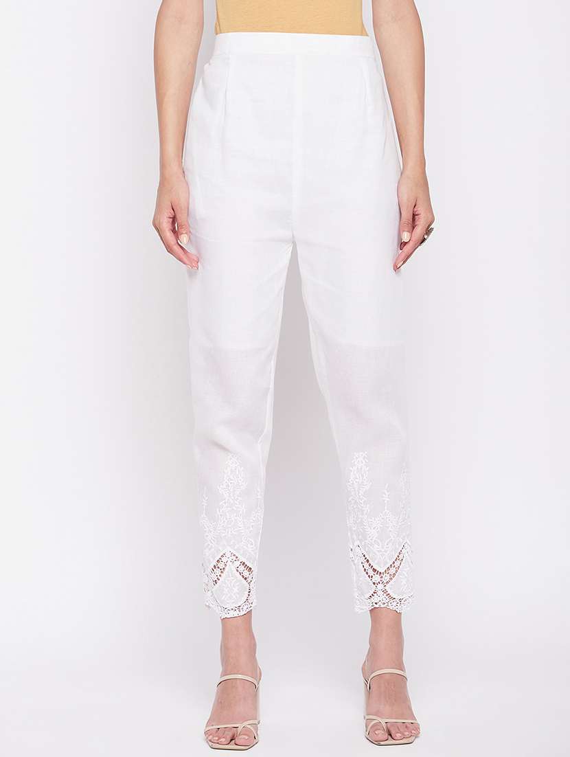 white solid lace detailed pleated trouser