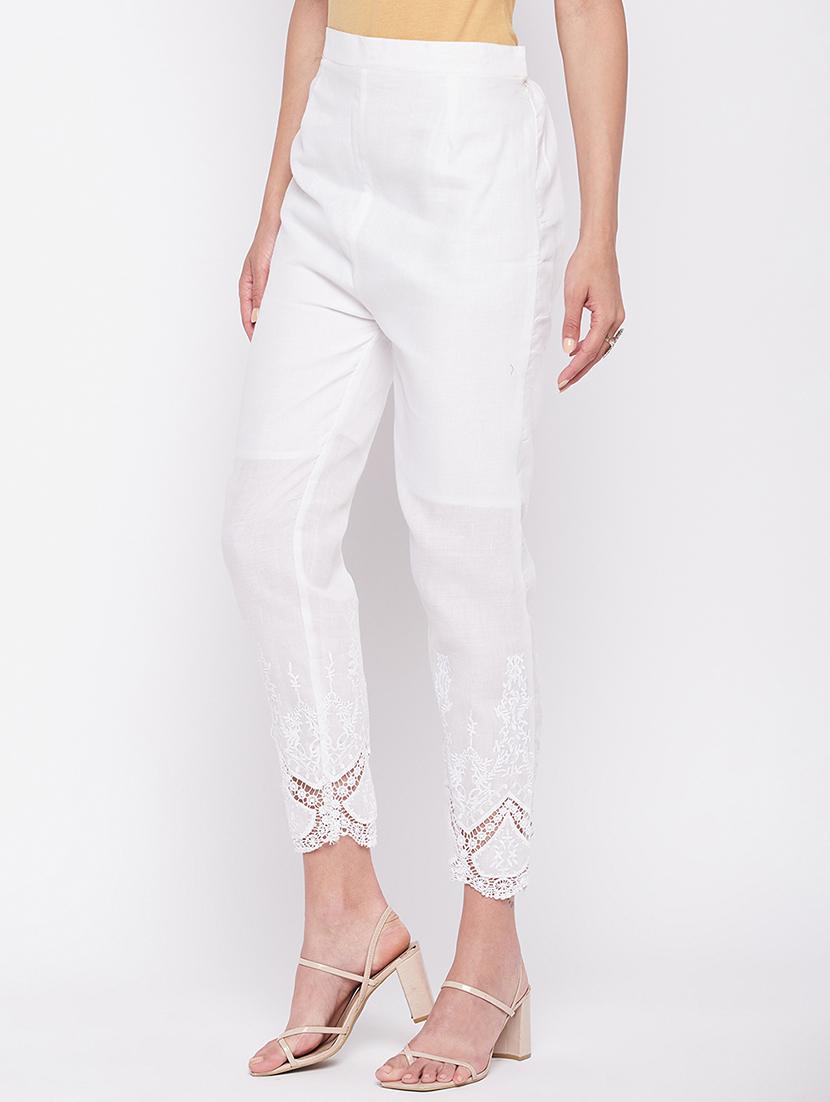 white solid lace detailed pleated trouser - 19815139 - Standard Image - 1