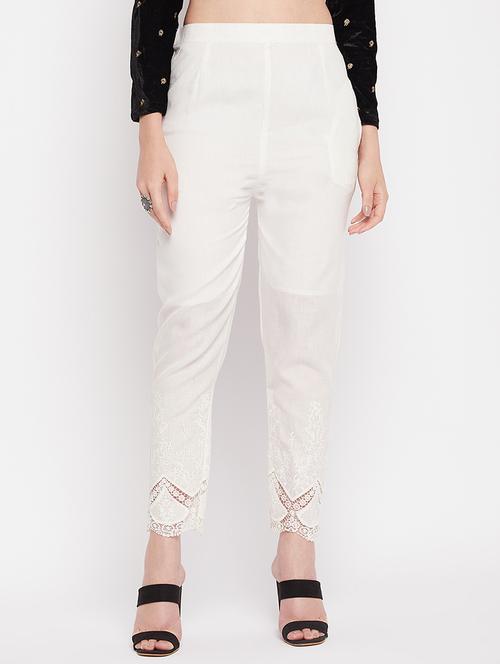 white solid lace detailed pleated trouser - 19815140 - Standard Image - 0