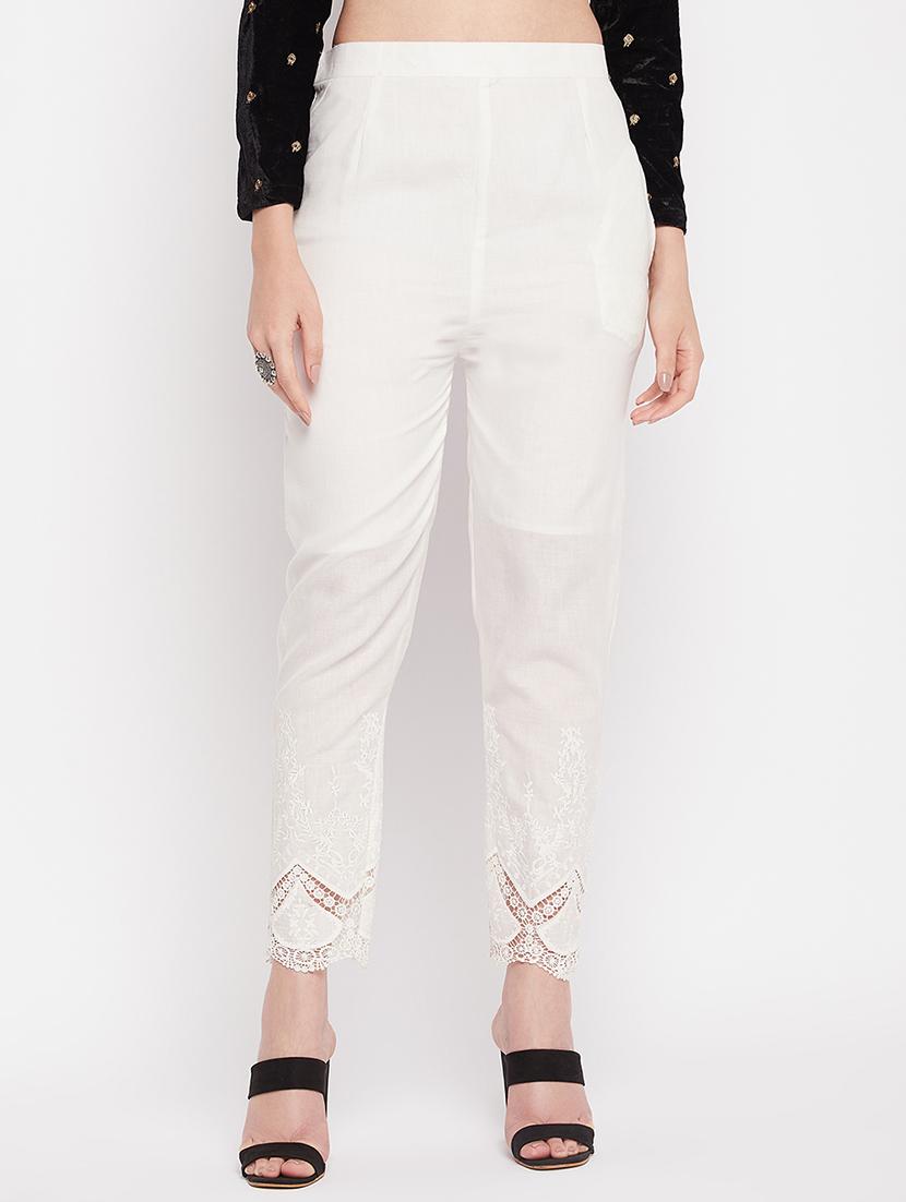 white solid lace detailed pleated trouser - 19815140 - Zoom Image - 0