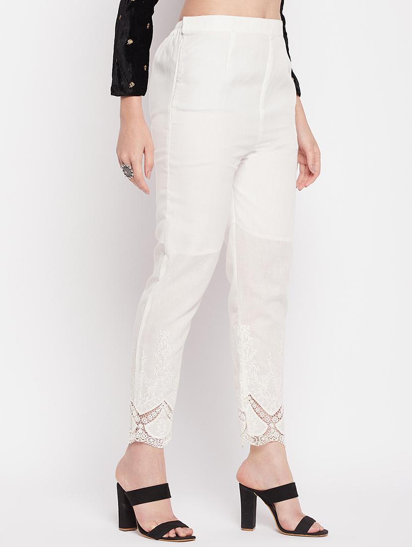 white solid lace detailed pleated trouser - 19815140 - Standard Image - 1