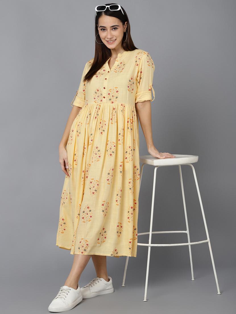 mandarian collar floral printed fit & flare dress - 19816150 - Standard Image - 1