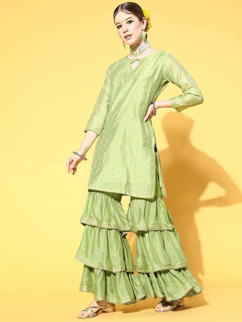 green solid kurta sharara set with dupatta - 19816607 - Standard Image - 1