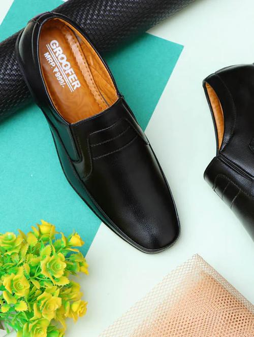 black solid slip on formal shoes - 19818904 -  Standard Image - 0