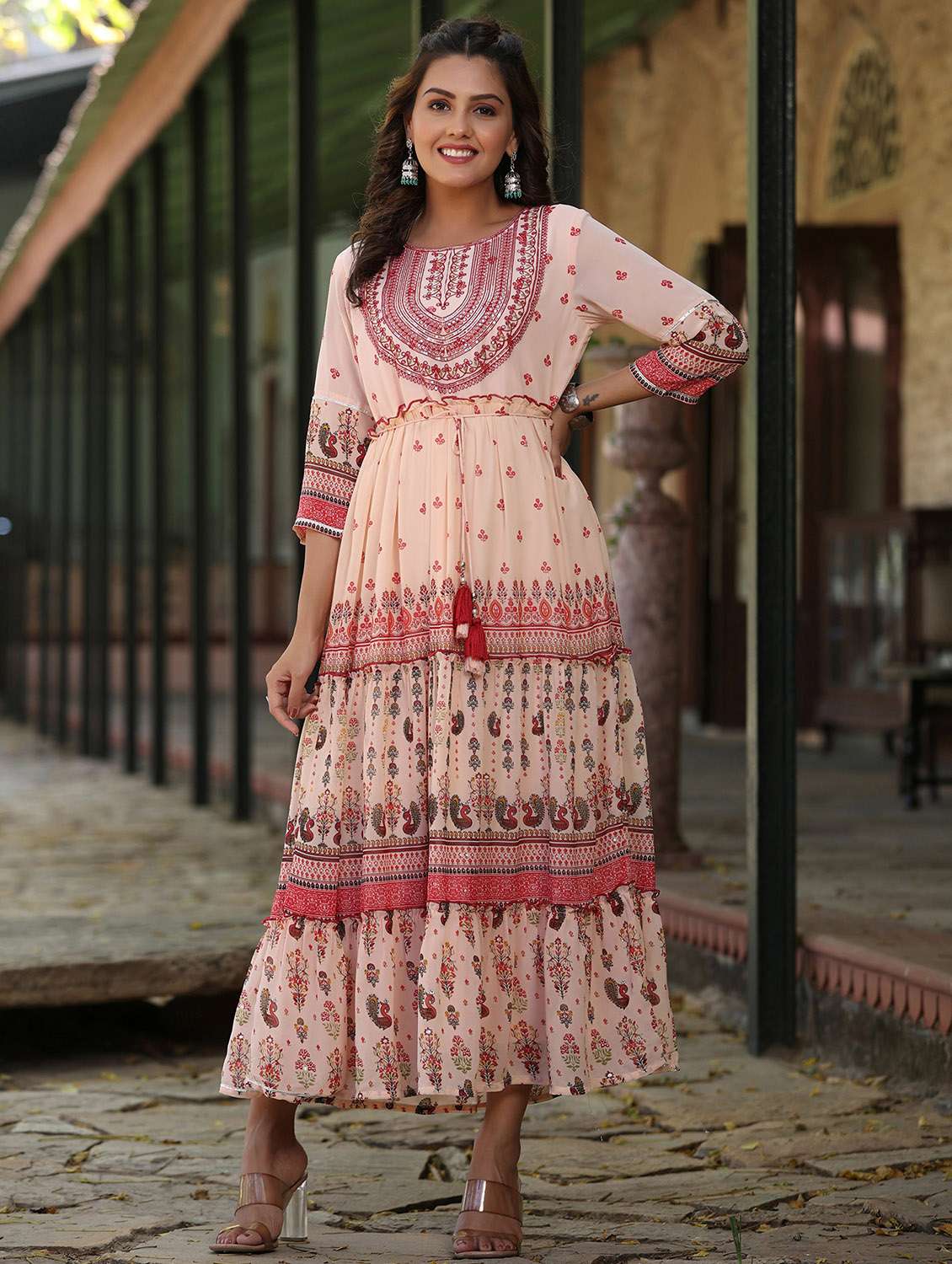pink printed fit & flare ethnic dress