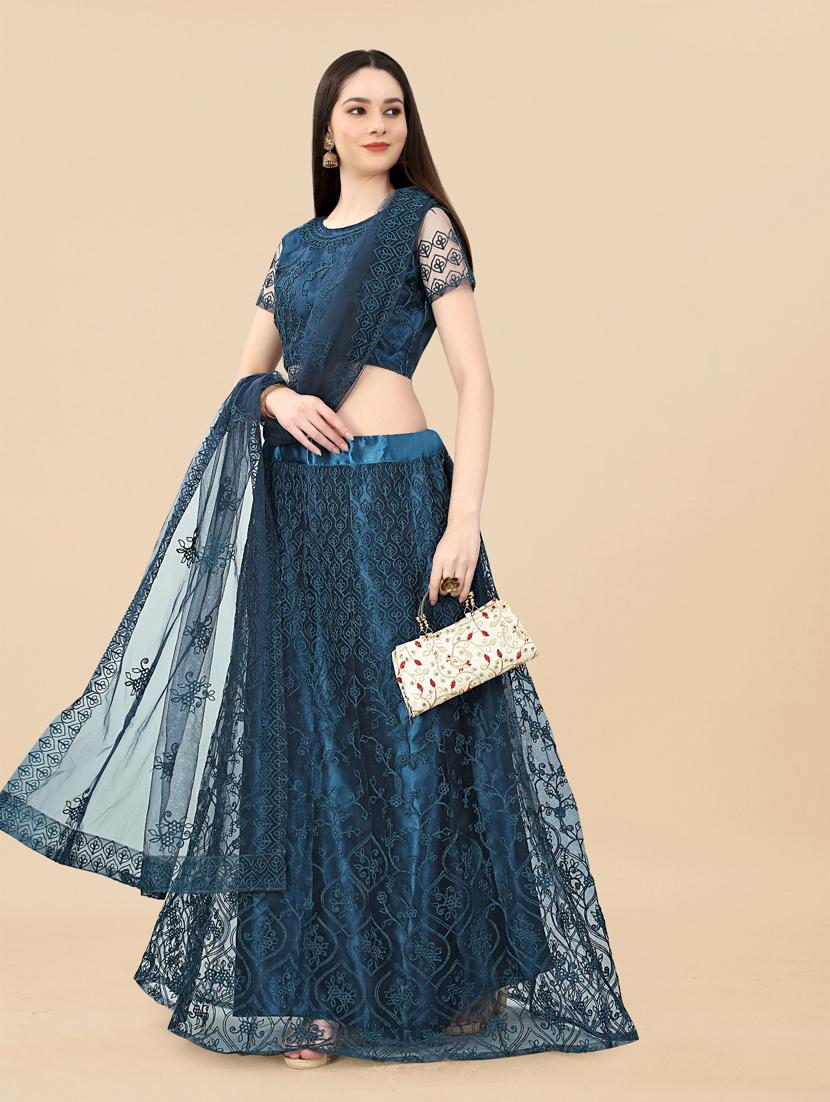 teal embroidered semi-stitched lehenga choli with dupatta - 19819977 -  Standard Image - 1