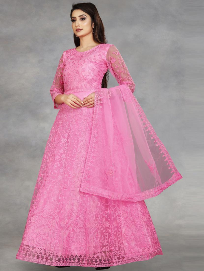 pink embroidered fit & flare gown - 19826069 - Standard Image - 1