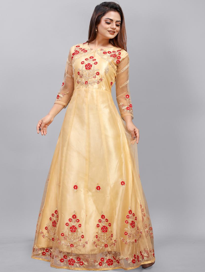 beige embroidered fit & flare gown - 19826077 - Standard Image - 1