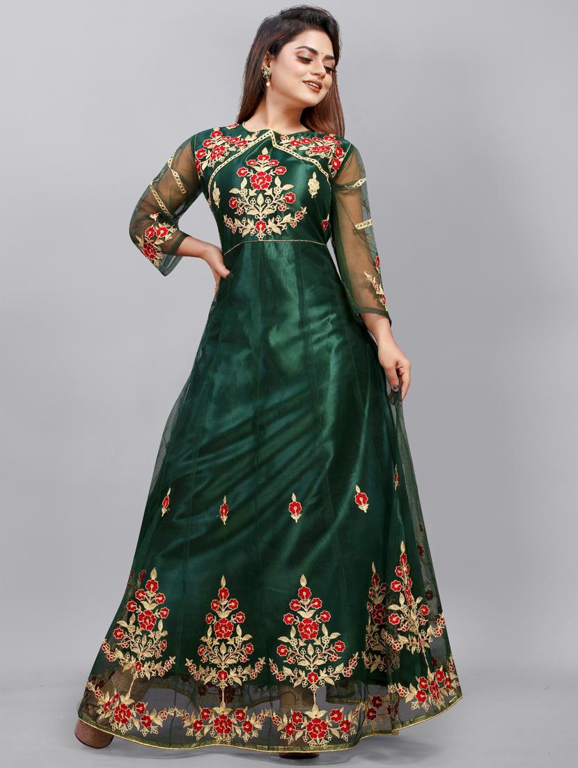 green embroidered fit & flare gown - 19826078 - Standard Image - 1
