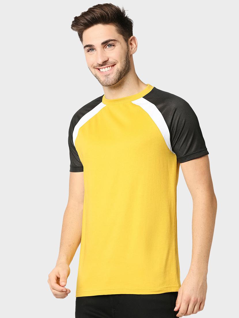 yellow half sleeve color blocked round neck t-shirt - 19826877 - Standard Image - 1