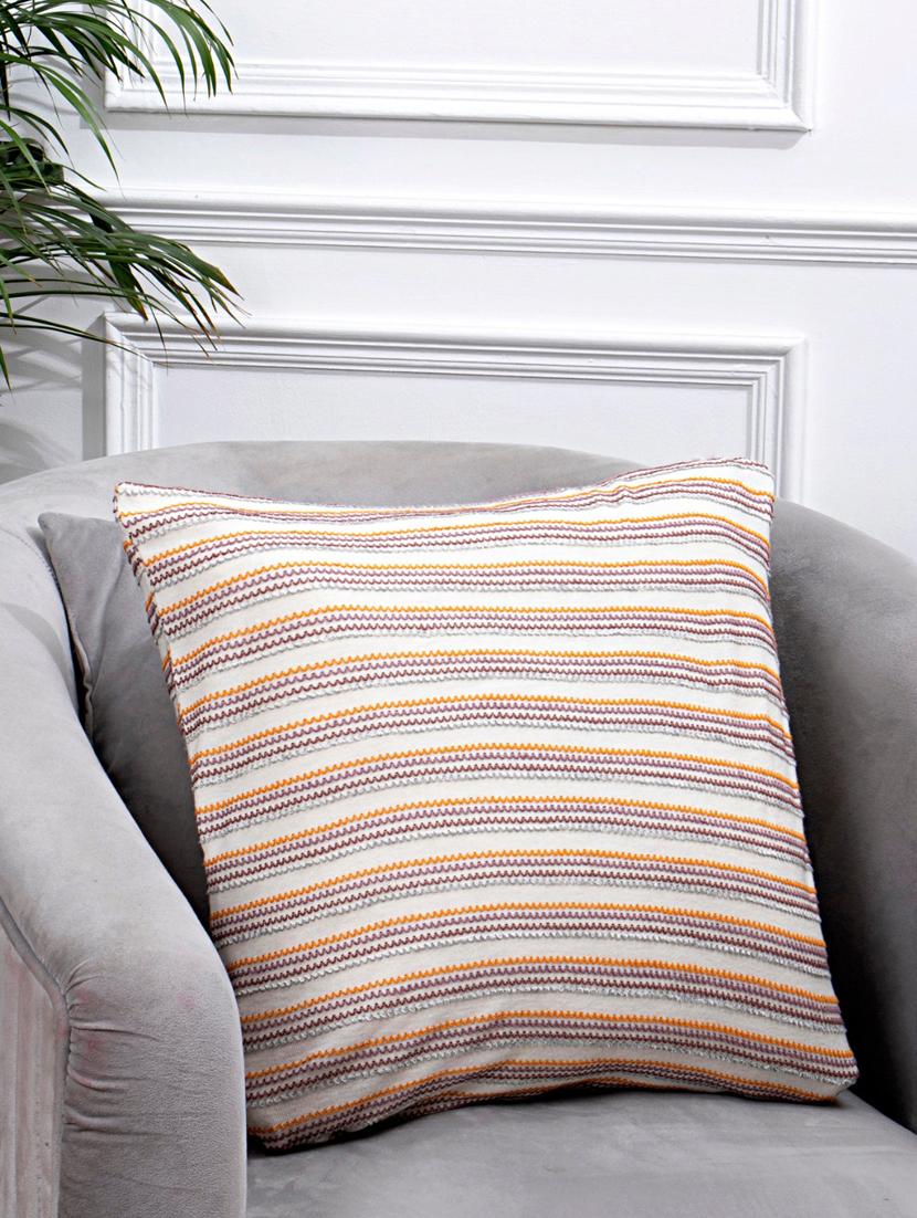 white cotton knit cushion cover with multicolor yarn work - 19831164 -  Zoom Image - 0