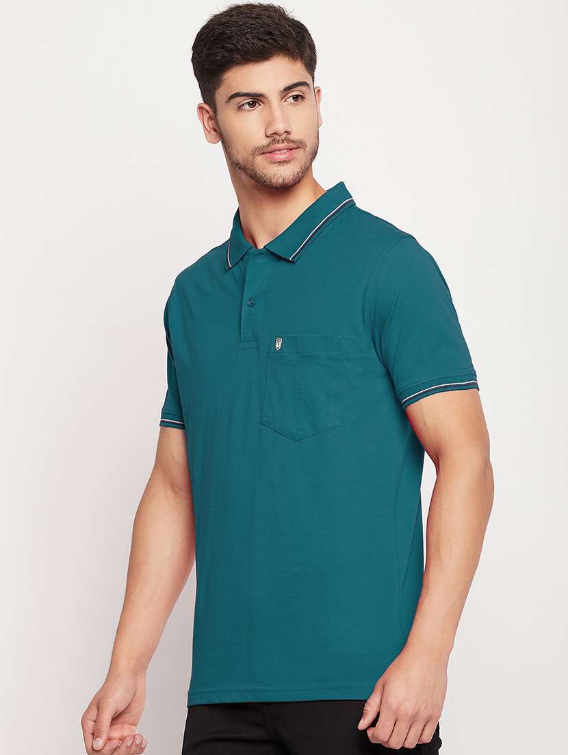 Men Teal Regular Fit Solid Polo T Shirt